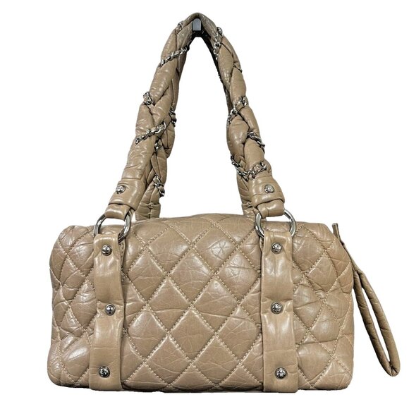 CHANEL Handbags - CHANEL Lady Braid Taupe Tan Chain Bowler Bag Quilted Boston Leather CC Auth